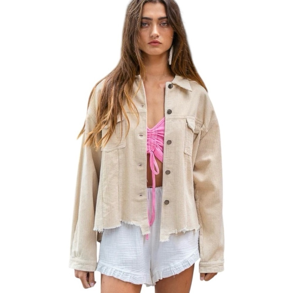 POL Anthropologie Jacket Womens Medium Tan Corduroy Cropped Distressed Boho